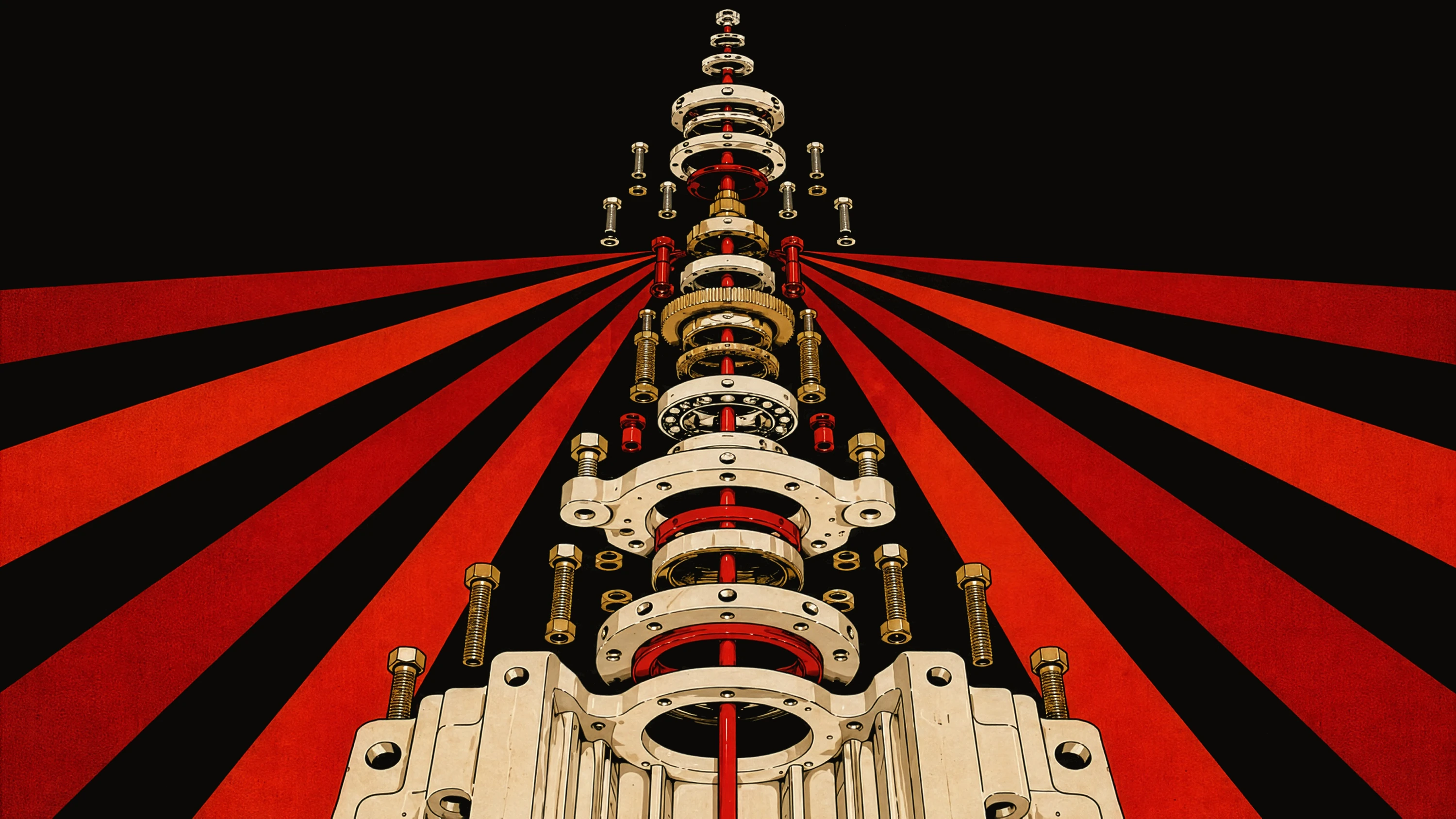 A wide exploded mechanical assembly aligned on one red axis, used as a visual metaphor for one connected business system.