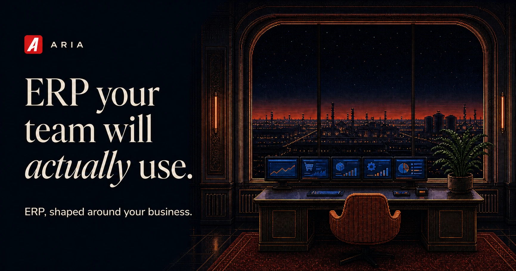 An original retro-futurist command room at night overlooking an industrial city, with connected business systems glowing on the desk.