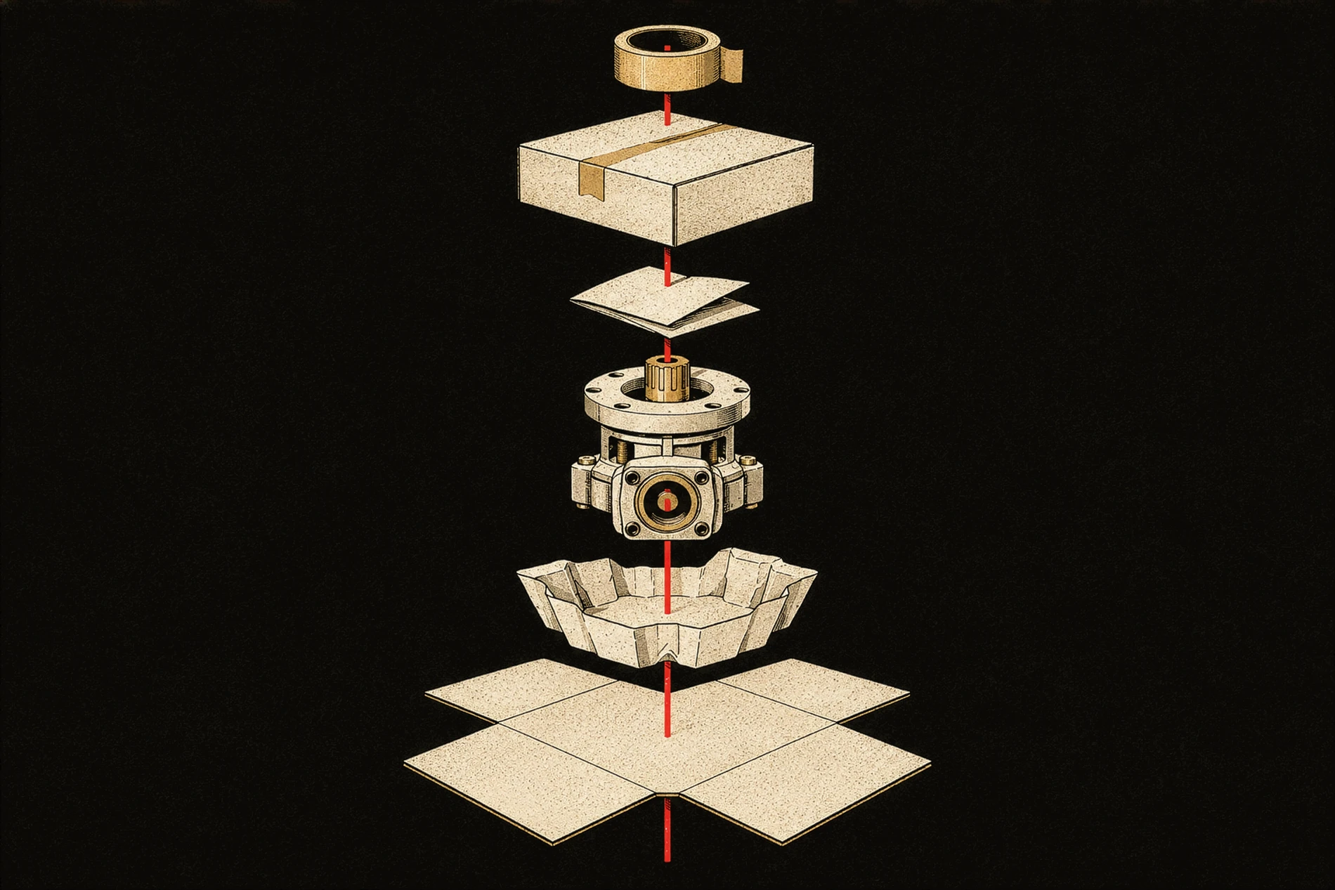 An exploded assembly showing a product, its papers and packaging connected along one red line.
